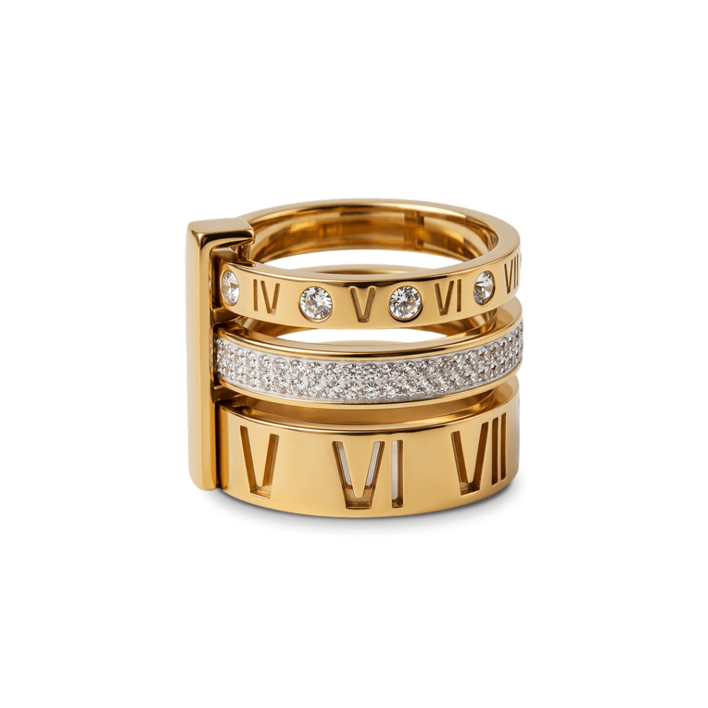 Anel Aro Triplo Algarismo Romano Banhado em Ouro 18K