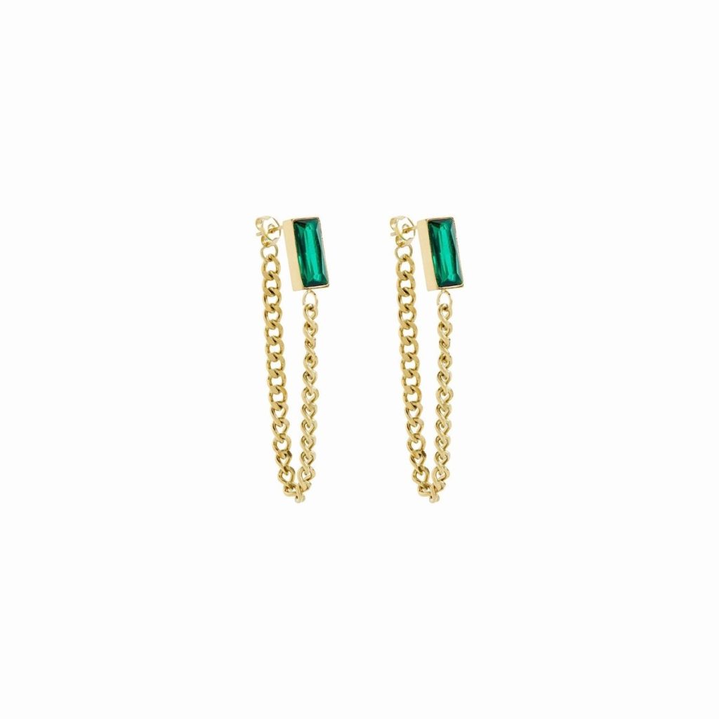 Brinco Corrente Elisabeth Zircônia Esmeralda Banhado em Ouro 18K
