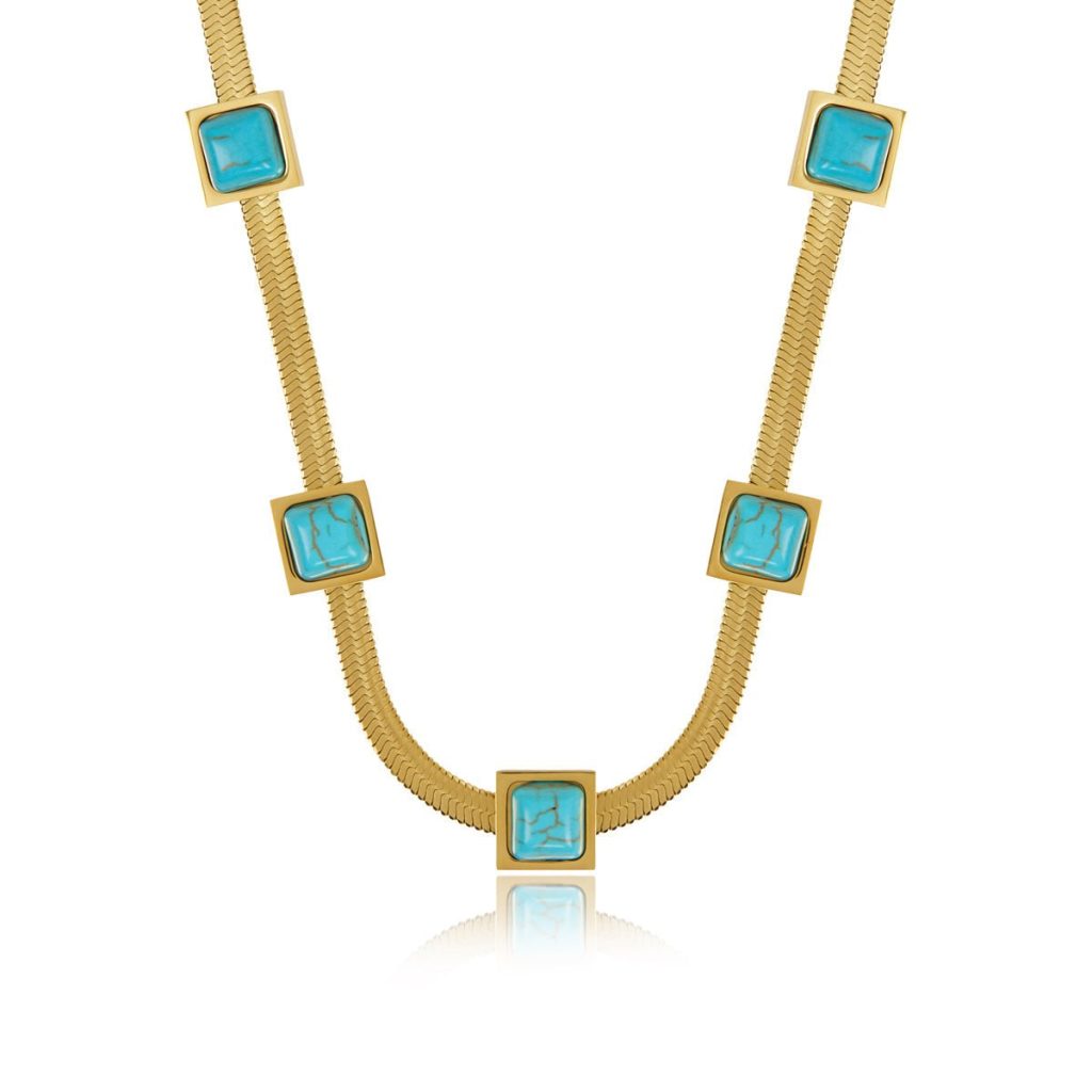 Colar Malha Pedra Aqua Banhado em Ouro 18K