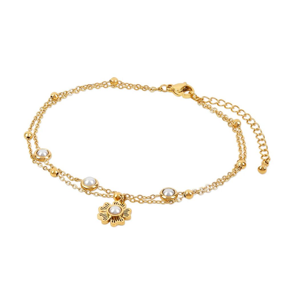 Tornozeleira Dupla Pérola Floral Banhada em Ouro 18K